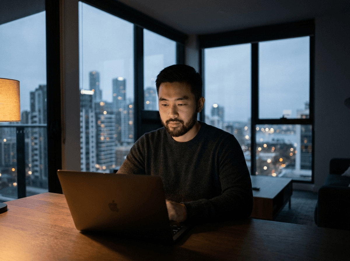 Investor reviewing OpenFolio on a laptop at dusk